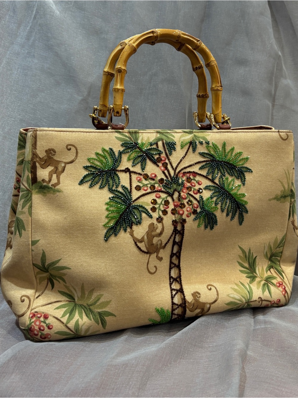 Tropical Embroidered Handbag with Bamboo Handles and Cross-body strap - Beige
